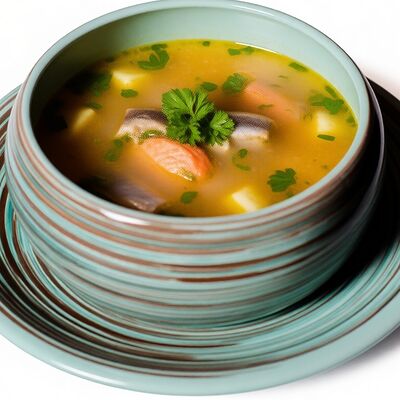 Уха с лососем и масляной рыбой с дымком в PlutuS Resto Club по цене 590 ₽