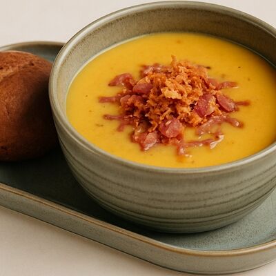 Крем суп из чечевицы с хрустящим луком и копчёностями в ШАРОВНЯ 45 по цене 520 ₽