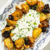 Жареный картофель стоун со сморчками и белыми грибами в Nomad