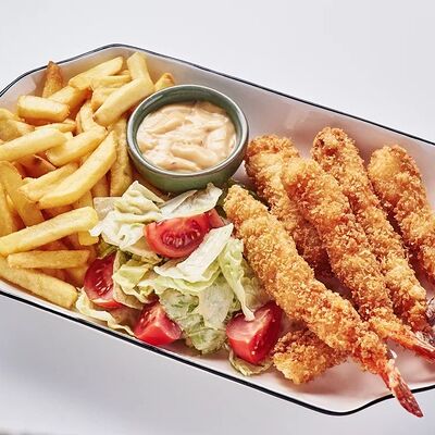 Креветки темпура с фри и салатом в OmNomNom по цене 660 ₽