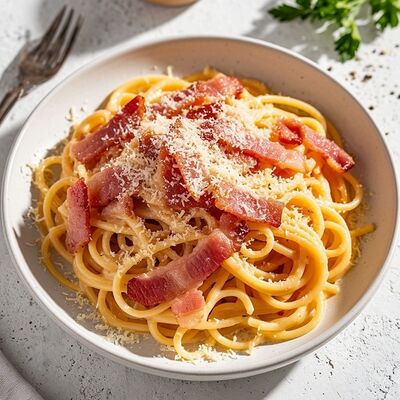 Паста Карбонара со свиной грудинкой и сыром Пармезан в Банхоф по цене 439 ₽