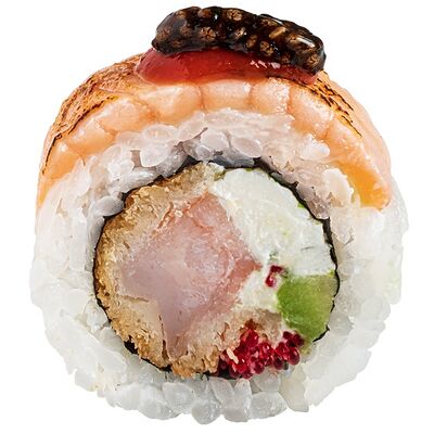 Ролл с опалённым лососем, креветкой в темпуре и пикантным соусом в GODZILLA по цене 14 р.