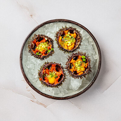 Морские ежи с перепелиным желтком и соусом понзу в Рыба моя по цене 1900 ₽