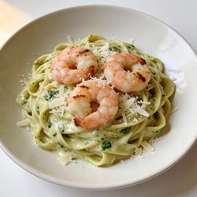 Паста со сливочным песто и тигровыми креветками в Легенда по цене 680 ₽