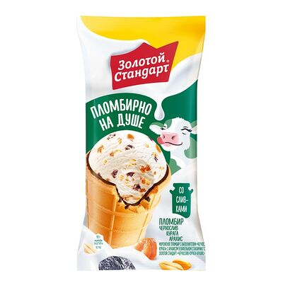 Золотой стандарт мороженое пломбир в вафельном стаканчике c черносливом, курагой и арахисом в Ура! мороженое! по цене 123 ₽