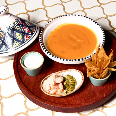 Детский суп из тыквы с креветкой и страчателлой в Maroon по цене 950 ₽