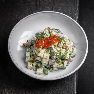 Оливье с языком и красной икрой в Техникум по цене 850 ₽