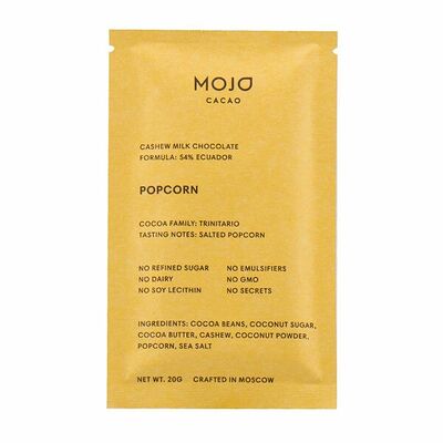 Шоколад веганский Mojo Cacao 54% Popcorn с соленым попкорном в Азбука Вкуса Экспресс Меню по цене 159 ₽