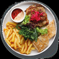 Свинина с картофелем фри и овощами в Питькофе Купер