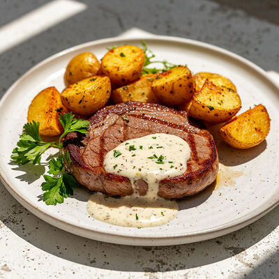 Стейк из свиной шеи с перечным соусом и картофелем по-деревенски в Банхоф по цене 825 ₽