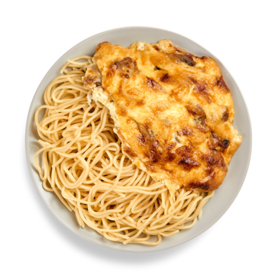 Свинина с грибами и спагетти в Готово китчен по цене 223 ₽