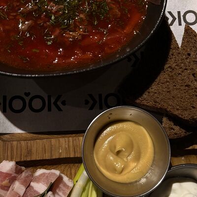 Борщ с говядиной и с салом в KOOK по цене 800 ₽