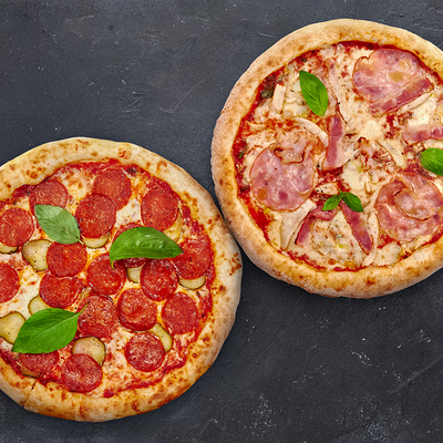 Комбо 2 пиццы 23см: Пеперони по-деревенски и Бекон, курица, ветчина в Пицца, паста и баста по цене 599 ₽