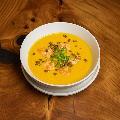 Крем суп из тыквы с креветками в Pandora по цене 780 ₽