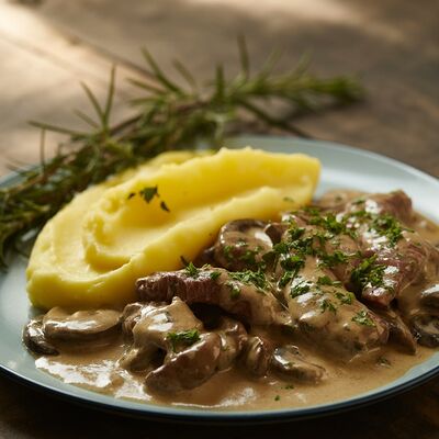 Бефстроганов из говядины с грибами и картофельным кремом в Фабрика-кухня ex. The Black Door по цене 28 р.