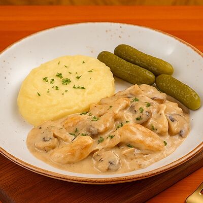 Куриный бефстроганов с пюре в Птичья личность по цене 666 ₽