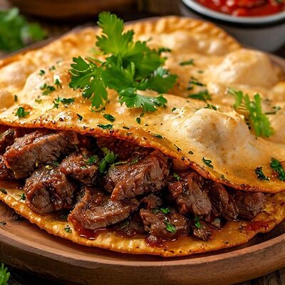 Чебурек с рубленным мясом в соусе в Рай вкуса по цене 200 ₽