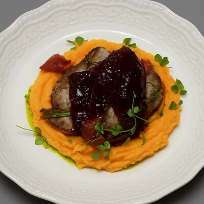 Буженина собственного копчения с морковным пюре и брусничным соусом в Мёд и Масло по цене 957 ₽